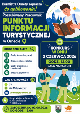 Plakat - nabór na stanowisko pracownika Punktu Informacji Turystycznej w Ornecie
